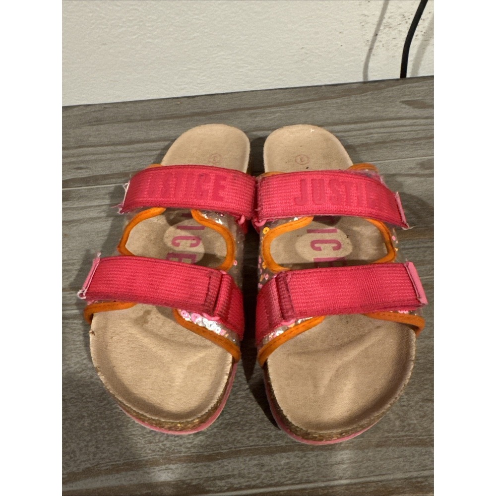 Justice Girls Pink Orange Sequin Slide Sandals Size 3 Hook & Loop Casual Shoes